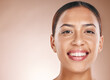 © C Davids/peopleimages.com - Beauty, portrait and skincare of natural woman marketing with healthy teeth and attractive smile. Wellness model with beautiful face on beige studio mockup background for cosmetic advertising.