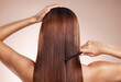 © C Davids/peopleimages.com - Hair, salon and back of woman with comb for hair care, hair products and cosmetics on beige background studio. Beauty, hairdresser and girl with healthy long hair for hair salon, treatment and shine