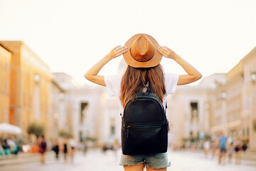 a female traveler with a backpack holds a hat and looks at the city square .Vacation time. A woman enjoys a view of the city. Tourism in Italy. immigrants, freedom