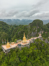 Aerial View From Drone Of "Wat Tham Suea" The Tiger Cave Temple Well-known Temple On A Hilltop In Krabi, Thailand.