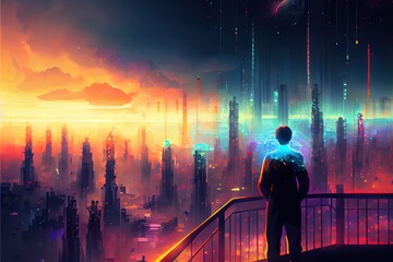 Wall Mural - A man looks at a bright colorful city from a balcony, sci-fi digita art