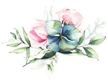 Bouquet With Green Leaves, Blue Hydrangea Flowers, Pink Rose And Lotus. Watercolor Painted Floral Arrangement. Cut Out Hand Drawn PNG Illustration On Transparent Background. Isolated Clipart Drawing.