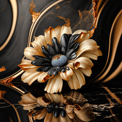 Beautiful black and golden flower on a marple background. Wallpaper for wall frames. Generative Ai