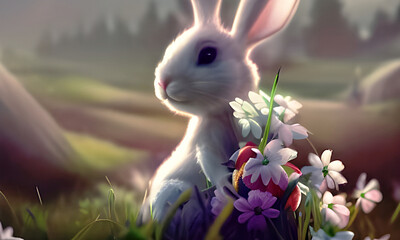 Illustration of a cute rabbit sitting in the meadow holding flowers. Nature background. (Generative AI)