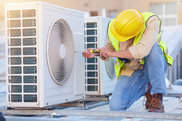 Poster - Air conditioning, technician or engineer on roof for maintenance, building or construction of fan hvac repair. Air conditioner, handyman or worker with tools working on a city development project job