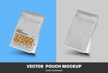 Wall Mural - Mockup of white vector coffee pouch with side gusset zip, packaging isolated on wall background.