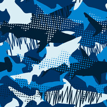 Seamless Military Pattern With Shark. Vector Background For Textile And Fabric, Wrapping Paper, Socks, Clothes, Web, Stationery And Other Designs.