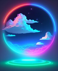 Wall Mural - Neon circle with neon clouds