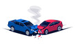 © petovarga - Two damaged car collision. Traffic accident on road, crossroad, street. Vehicle front part bumper crash. Insurance impact incident. Fast driving crashing, head-on hit. Isolated vector illustration.