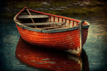 Rustic Old Red Rowing Boat Moored At Rocky Seashore. Created With Generative Ai.