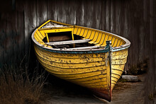 Rustic Old Yellow Rowing Boat Pulled Up On Land By An Old Shed. Created With Generative Ai.