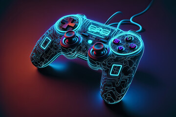 Wall Mural - Neon-stylized gamepad in a unique design. Future of gaming. Console gaming. Generative AI.