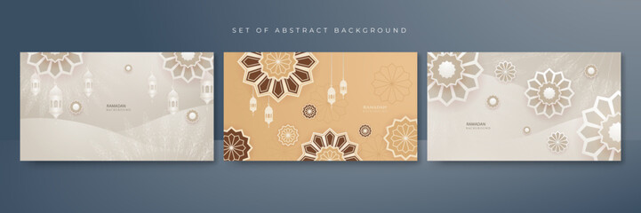 Poster - Set of Islamic style ramadan beige design background banner. Arabic Ramadan Kareem style arch in beige color with traditional mandala pattern. Copy space. Vector illustration