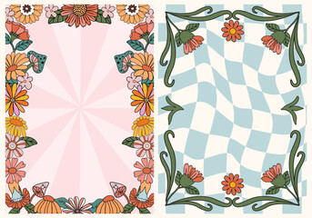 Groovy floral retro background for Posters Wall art, Invites and cards. Trendy 70s themed hand drawn floral template.