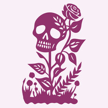 Floral Skull Tattoo Low Brow Illustration. Vector Gothic Skeleton Ink Doodle With Flowers In Viva Magenta.