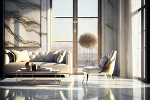 Stunning Lavish Apartment Interior Design Marble Floor. AI Generated Art Illustration.	
