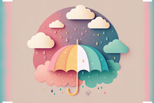 Cute Umbrella With Pastel Color Scheme And Paper Art Style Illustration For The Rainy Season. Generative AI