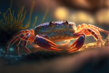  A Crab With Orange Legs And A Blue Body Is Sitting On A Rock In The Water And Has Its Head Turned To The Side, With Its Legs And Legs Extended, And Legs,., Generative Ai