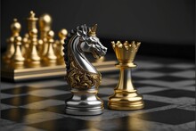  A Golden And Silver Chess Set On A Black And White Checkered Floor With A Golden Crown On Top Of It And A Silver And Gold Chess Set On The Other Side Of The Chess., Generative Ai