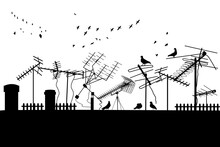 Silhouettes Of Roof With Antennas. Different Television Receiver Aerials On Housetop. Rooftop, Antennas And Birds.Roof Of Building With Tv Antennas, Chimneys And Pigeon Silhouettes.Vector Illustration