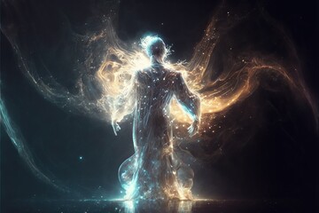 Wall Mural -  a man standing in a dark room with a glowing body and wings on his back, with a black background and a blue and yellow light shining around him, and a black background,., generative ai