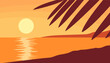 Beautiful orange sunset on the beach. Tropical palm. Sea and ocean. Paradise lagoon. Wild exotic landscape for background. Vacation and travel. Paradise lagoon. Vector illustration panorama