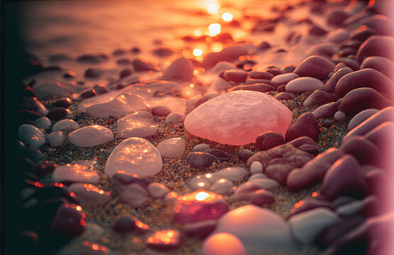  a picture of a beach with rocks and water at sunset with a pink frame around it and a pink and white picture of a rock on the beach with the water and the sun behind it., generative ai