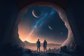  two people standing in a cave looking at the planets in the distance with a distant star in the distance behind them and a distant planet in the distance behind them, with a distant,., generative ai