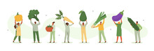 Casual People Illustration Set. Characters Carrying Avocado, Broccoli, Onion And Other Fresh Organic Vegetables. Vegetarian Eating Healthy Food. Balanced Vegan Diet Concept. Vector Illustration.