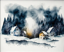  A Painting Of A Snowy Landscape With Houses And Trees In The Background And A Sky Filled With Clouds And Stars Above It, With A Black Frame Hanging On A Wall With A White Background., Generative Ai