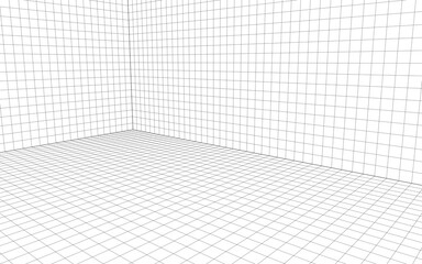 perspective grid worksheet with wall and floor wireframe for interior design. 3d view of a room corner. black lines mesh