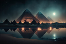 Pyramids And River In The Egyptian Desert At Night. Generative AI