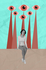 Poster - Collage 3d image of pinup pop retro sketch of charming smiling lady sitting under big eyes control isolated painting background