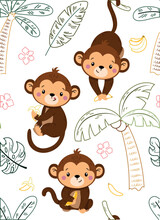 Monkey Seamless Pattern Stroke. Repeating Design Element For Printing On Fabric. Animal With Banana On Palm Tree. African Savanna And Wild Life. Fauna And Flora. Cartoon Flat Vector Illustration