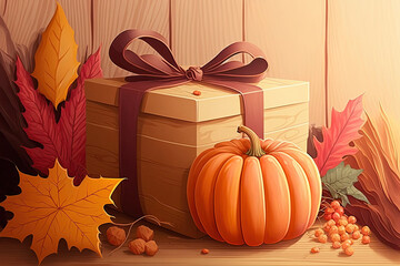 Poster - Thanksgiving background composition of colorful autumn leaves, a pumpkin, and a present box against a backdrop of white wood Thanksgiving, Fall greetings, a background for an autumn celebration, and m