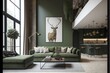 A modern living room, in a minimalist millenium crib, high ceiling and filled with warm green and white colour as the wall blend in with the design of the furniture.	