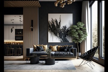 A modern living room, in a minimalist millenium crib, high ceiling and filled with black and gold color as the wall blend in with the design of the furniture.	