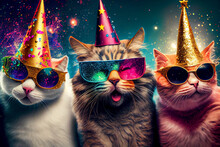 3 Fröhliche Katzen Mit Partyhüten Und Bunten Brillen. Generative Ai.