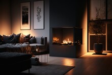 A Dark Contemporary Luxury House Interior, Living Room With A Cozy Fireplace, Generative Ai