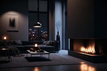 A luxury house interior with dark furniture and a cozy fireplace, generative ai