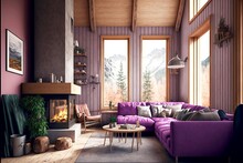 Chalet Interior Of Bright Living Room With Purple Sofa, Wooden Fireplace And Coffee Table:chalet_new , Made With Generative Ai