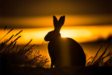 Silhouette Of Wild Rabbit At Sunset In A Field. Travel, Hunting, Zoo Design Element Or Banner Background. Easter Or New 2023 Year Design Background Or Postcard.