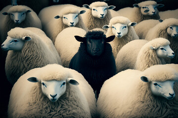 Black sheep among white ones. Dare to be different, standing out from crowd, be yourself concept