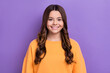 © deagreez - Photo of cheerful lovely lady wear winter comfort clothes toothy smile good mood isolated on purple color background