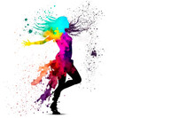 Female Silhouette Dance In Abstract Multicolor Paint Splash On White Background. Freeze Motion Female Dancing Through Paint Splash. Paint Clouds With Woman Silhouette On White Background Illustration.