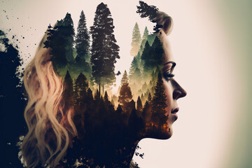 Double exposure of a woman head and a forest.  Zen concept.Concept of environment caring devotion