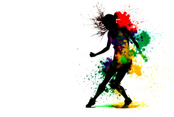 Wall Mural - Female silhouette dance in abstract multicolor paint splash on white background. Freeze motion female dancing through paint splash. Paint clouds with woman silhouette on white background illustration.