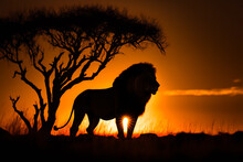 Silhouette Of Lion In Savannah At Sunset. Wild Lion At Sunset, Travel Or Zoo Design Element Or Banner Background. Generative AI Wild Big Cat Hunt At Dawn In Savannah.