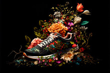Training Sneakers With Colorful Flowers Round Them On Black Background. Fitness, Spring, Fashion Creative Composition As Design Element Or Banner Background, Generative AI.