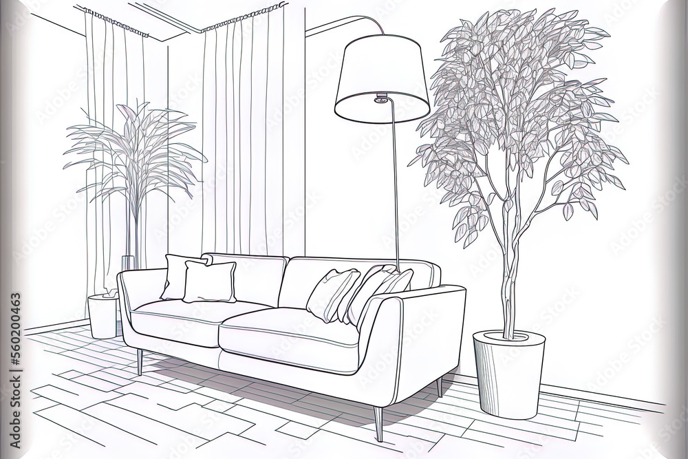 Interior in continuous line drawing with sofa, floor lamp, plant, and ...